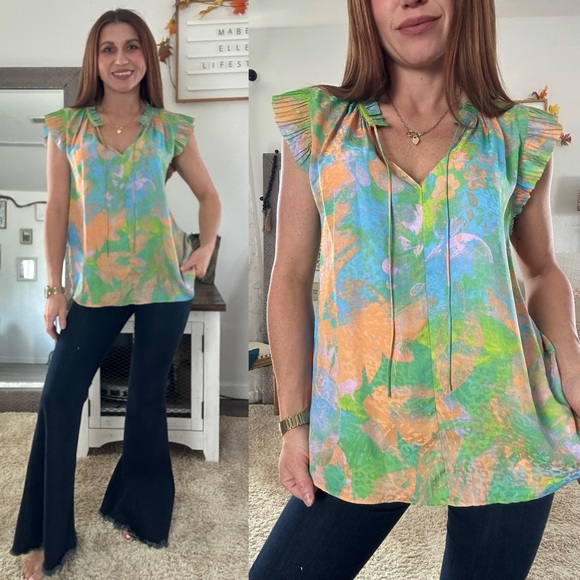 Current Air Tops - Current Air Multicolor Ruffle Sleeve Blouse